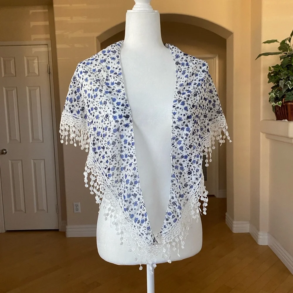 Floral Lace Scarf with Blue and White Pattern